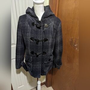 Charles Klein Petite Black Plaid Hooded Coat Wool Blend Size L
